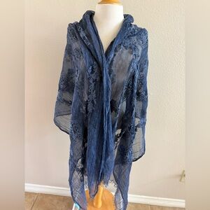 Scarf Shawl 80 In By 30 In Shawl Wrap Embroidered Denim Look Navy Blue